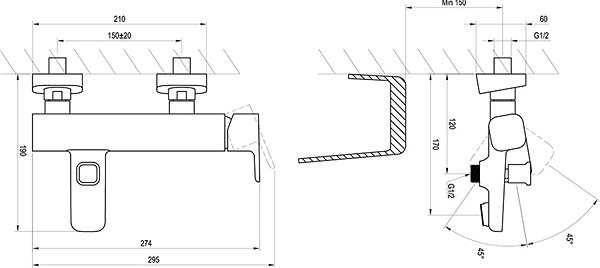 Tap RAVAK TD 022.00/150 Bath Wall Mixer 150mm Technical draft