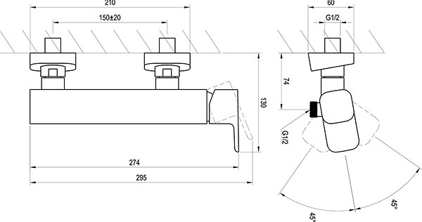 Tap RAVAK TD 032.00/150 Wall-mounted Shower Mixer 150mm Technical draft