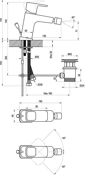 Tap RAVAK TD 055.00 Bidet Stand Mixer with Drain Technical draft