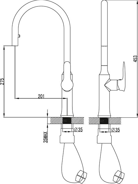 Tap RAVAK KM 017.00 Sink Mixer with Pull-out Shower Technical draft