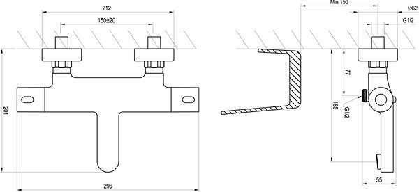 Tap Ravak TE 023.00/150 Thermostatic Bath Wall Mixer Technical draft