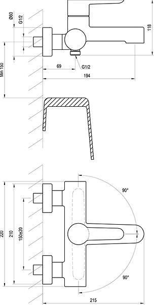 Tap RAVAK PU 022.00/150 Bath Wall Mixer 150mm Technical draft
