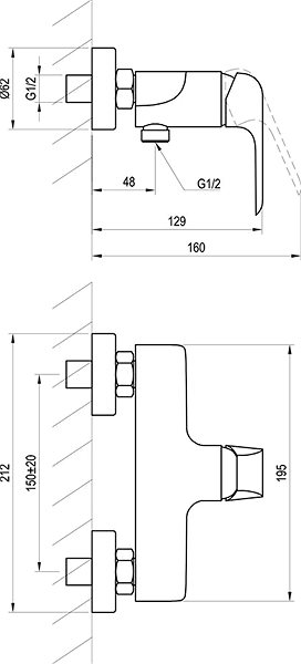 Tap Ravak FL 032.00/150 Shower Wall Mixer 150 Technical draft