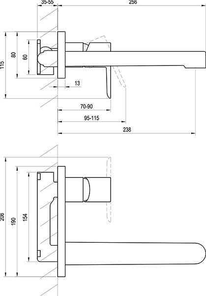 Tap RAVAK PU 019.00 Washbasin mixer for concealed installation
PU 019.00 Technical draft