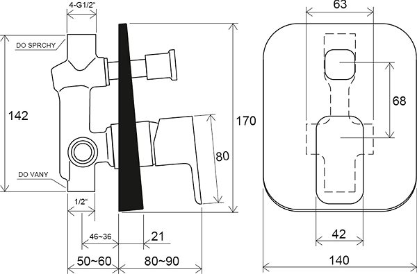 Tap RAVAK TD F 061.20 Undermount mixer with switch, black Technical draft