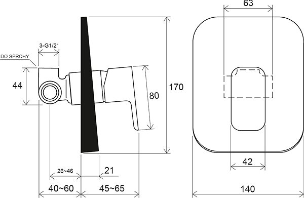 Tap Ravak TD F 062.20 Undermount mixer without switch, black Technical draft