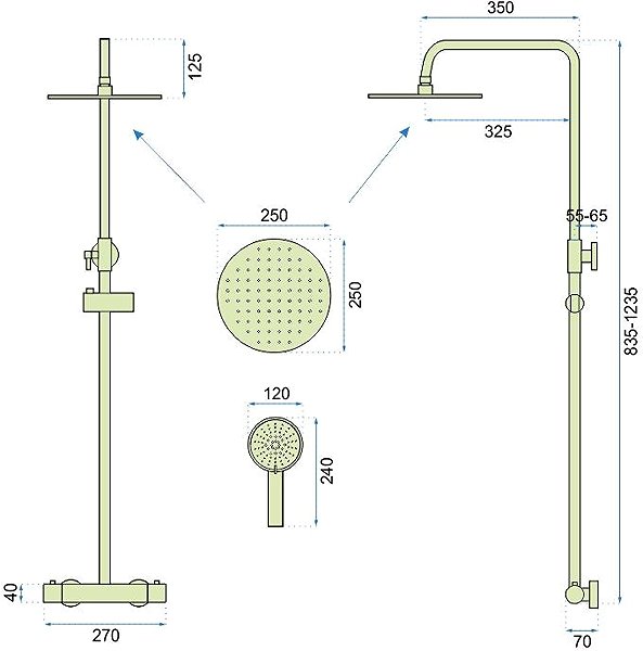 Tap REA Shower mixer 150 mm with thermostat VINCENT L. GOLD (REA-P8005) Technical draft