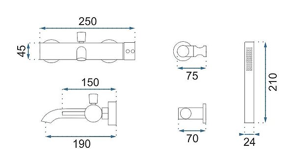 Tap REA Bathtub mixer Lungo gold brushed (REA-B8010) Technical draft
