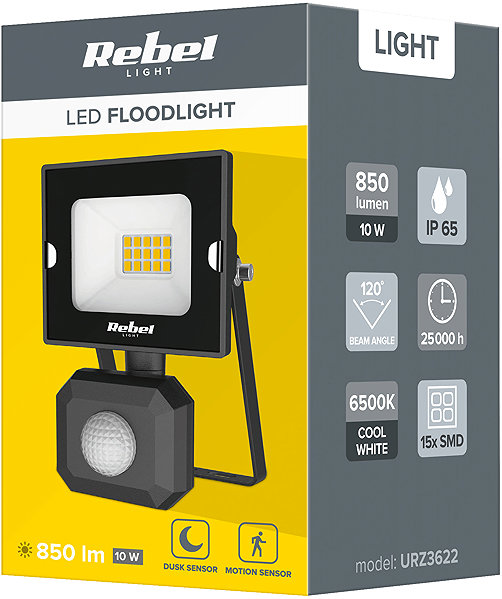 LED Reflector REBEL URZ3622 Spotlight with dusk and motion sensor, 10 W, 6500 K, 230 V, 850 lm ...