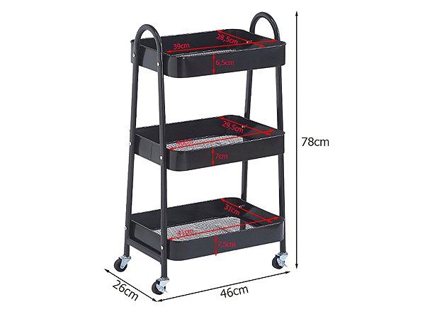Shelving Unit Verk 27493 Three-tier metal shelf on wheels 78 × 46 × 26 cm, black ...