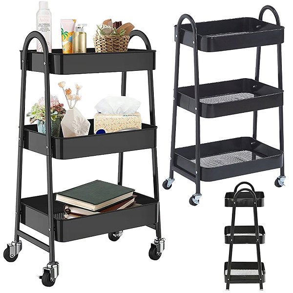 Shelving Unit Verk 27493 Three-tier metal shelf on wheels 78 × 46 × 26 cm, black ...