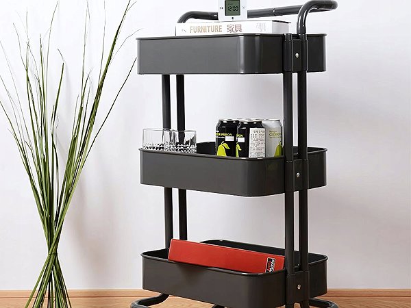 Shelving Unit Verk 27491 Three-tier metal shelf on wheels 76 × 43 × 36 cm, black ...