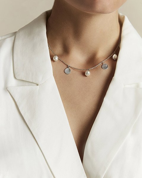 Rosefield Multi Shell and Pearl Charms Necklace Silver JMSPNS-J162.