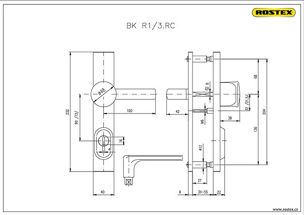 Door hardware Rostex safety hardware R1/90 chrome-stainless steel Technical drawing