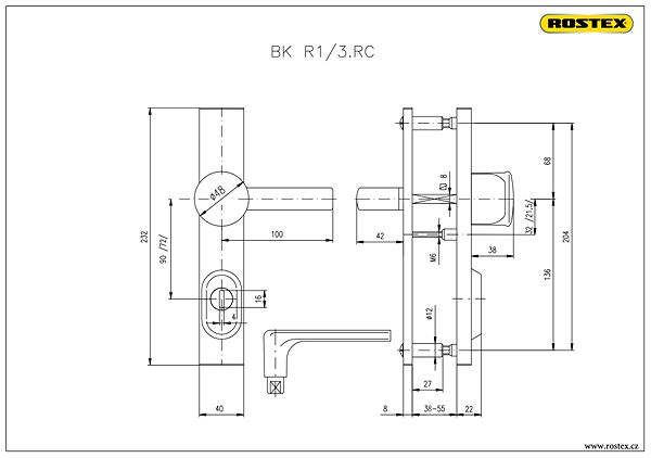 Door hardware Rostex safety hardware R1/72 chrome-stainless steel Technical drawing