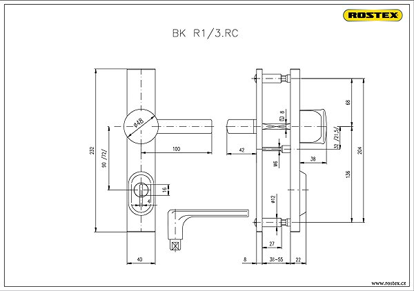 Door hardware Rostex safety hardware R4/90 chrome-stainless steel Technical drawing