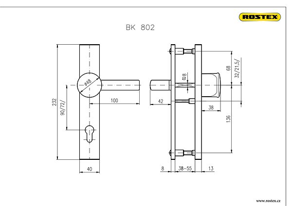 Door hardware Rostex safety hardware 802/90 chrome-stainless steel Technical drawing