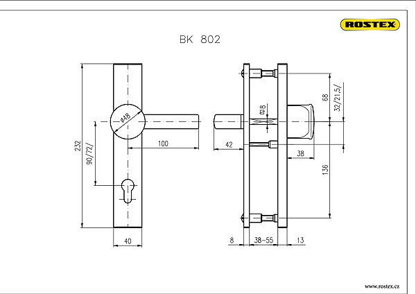 Door hardware Rostex safety hardware 802/72 chrome-stainless steel Technical drawing