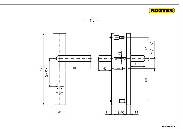 Door hardware Rostex safety hardware 807/72 chrome-stainless steel Technical drawing