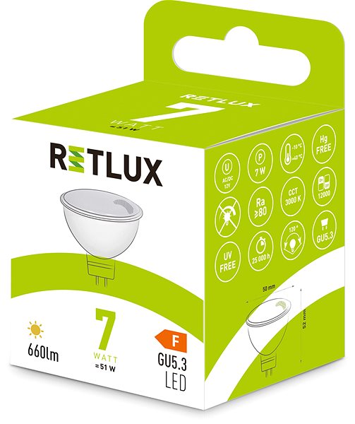 LED izzó RETLUX RLL 420 GU5.3 spot 7W 12V WW Energia címke