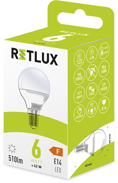 LED izzó RETLUX RLL 433 G45 E14 miniG 6W CW ...