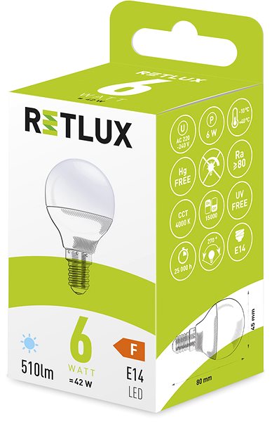 LED izzó RETLUX RLL 434 G45 E14 miniG 6W DL ...