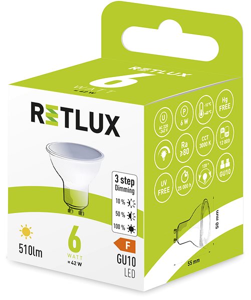 LED žiarovka RETLUX RLL 447 GU10 zar.3step DIMM 6W WW ...