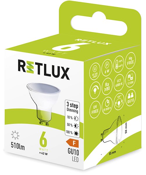 LED izzó RETLUX RLL 448 GU10 3 fokozatban dimmelhető DIMM 6W CW ...