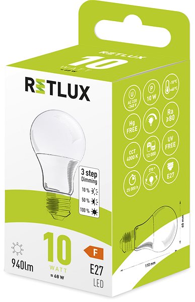 LED izzó RETLUX RLL 450 A60 E27 izzó 3DIMM 10W CW ...