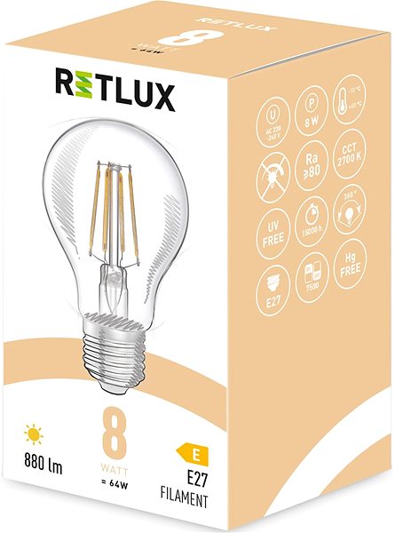 LED izzó RETLUX RFL 402 Fil. A60 E27 bulb 8W WW ...