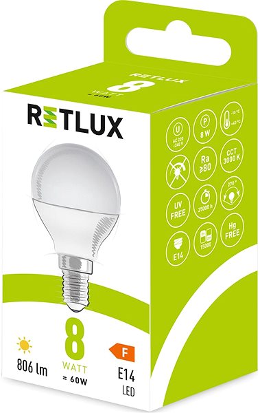 LED izzó RETLUX RLL 435 G45 E14 miniG 8W WW ...