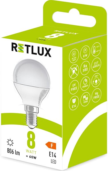 LED izzó RETLUX RLL 436 G45 E14 miniG 8W CW ...