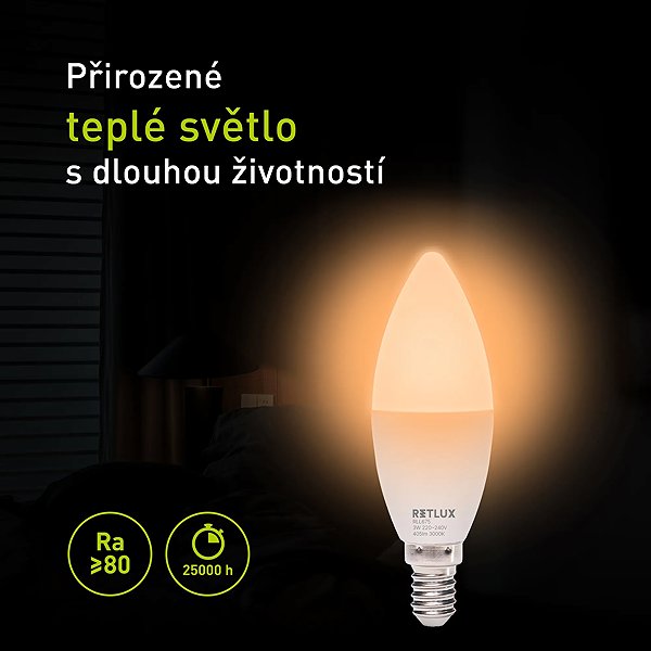 LED izzó Retlux RLL 675 C37 E14 gyertya, 3W, WW, D ...