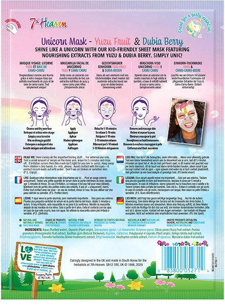 7th Heaven Kids Unicorn Face Mask.