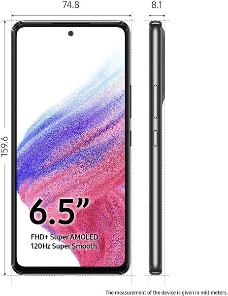 Handy Samsung Galaxy A53 5G 128 GB - schwarz Technische Zeichnung
