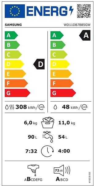 SAMSUNG WD11DB7B85GWU4 washer-dryer energy label
