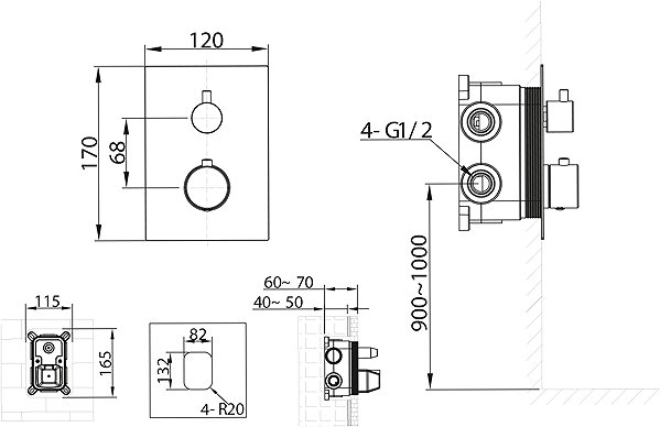Tap SAPHO Kimura concealed thermostatic shower mixer, box, 2 outlets, chrome KU682 ...