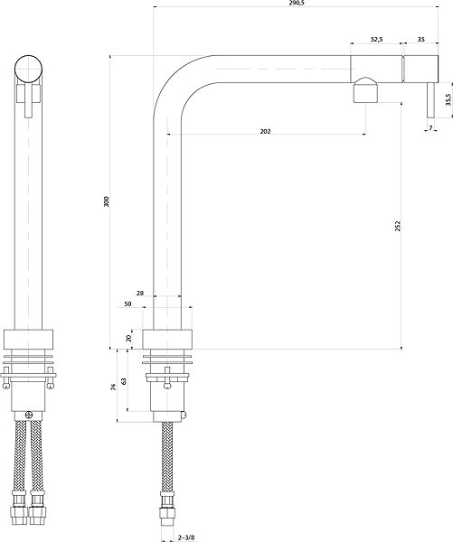 Tap SAPHO PRIS pedestal sink / basin mixer, black Technical draft