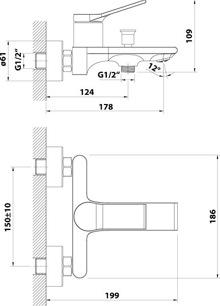 Tap AQUALINE BOLERO wall-mounted bath mixer, chrome BC010 ...