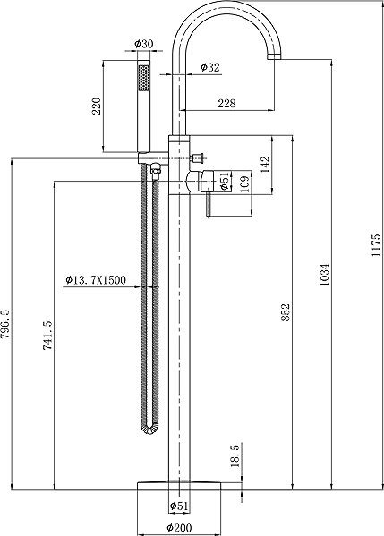 Tap AQUALINE CETO floorstanding bath mixer, chrome BV357 Technical draft