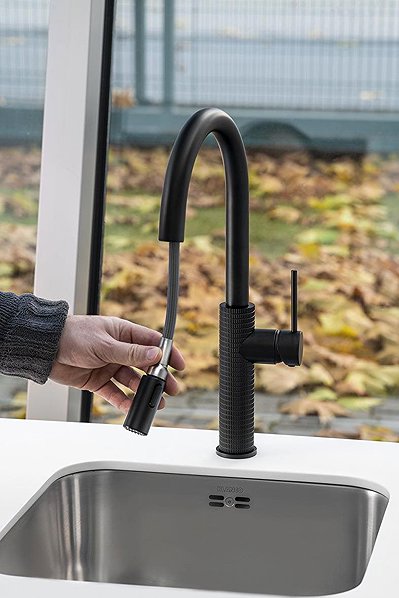 Tap SAPHO FLAWO pedestal basin mixer with pull-out shower, black matt FR576B ...
