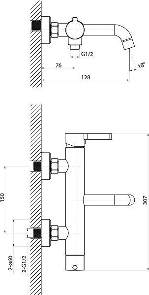 Tap SAPHO ICONIC wall-mounted bath mixer, chrome AF010 Technical draft