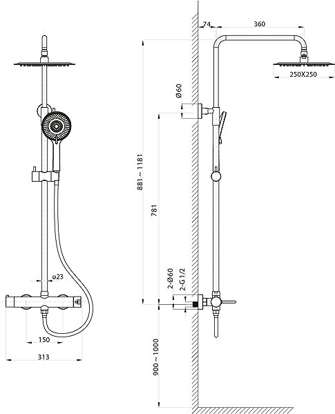 Tap SAPHO ICONIC shower column with lever mixer, matt gold AF139GB Technical draft