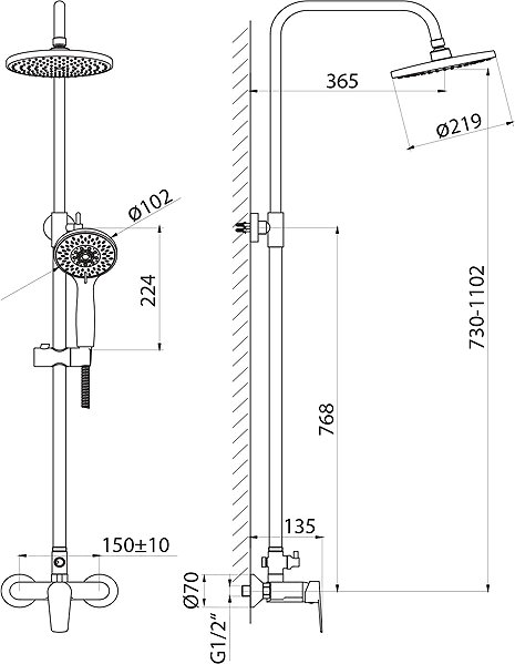 Tap AQUALINE LOTTA shower column with lever mixer, mat black LT690B ...