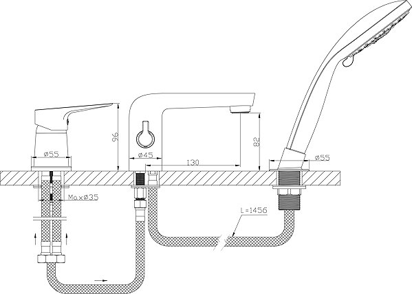 Tap AQUALINE LOTTA three-element bath rim mixer, chrome LT984 Technical draft