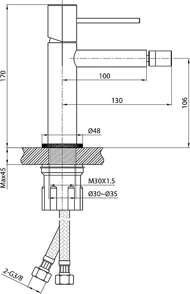 Tap SAPHO SOLARIS standing bidet mixer without waste, chrome WD003 Technical draft