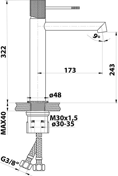 Tap SAPHO SOLARIS high basin mixer without spout, black matt WD006B Technical draft