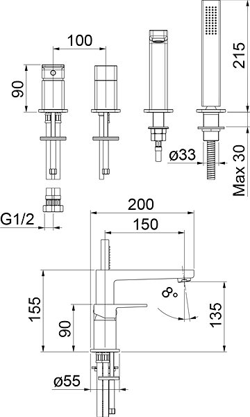 Tap SAPHO TURSI four-element mixer for bath rim, chrome TI052 ...