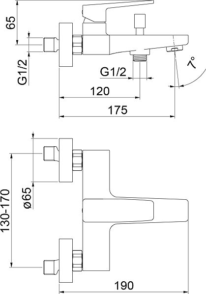 Tap SAPHO TURSI wall-mounted bath mixer, chrome TI010 Technical draft