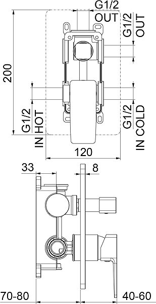 Tap SAPHO TURSI concealed shower mixer, 2 outlets, rotary switch, chrome TI043 Technical draft